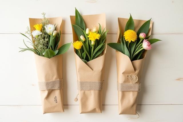 Hübsche Blumensträuße verpackt in umweltfreundlichem Recyclingpapier und Bast