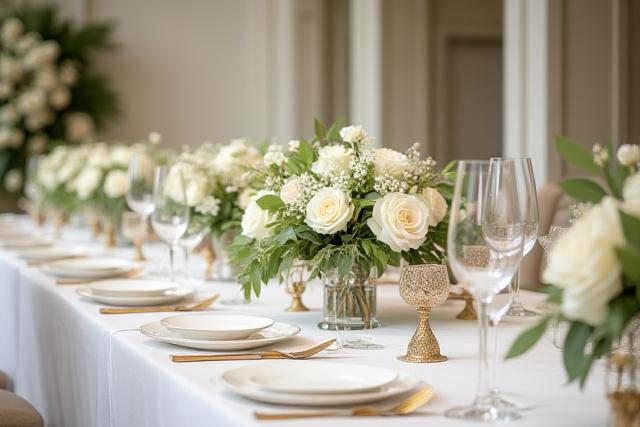 Elegante Event-Floristik für eine Hochzeit, mit Tischdekoration und Blumenbögen