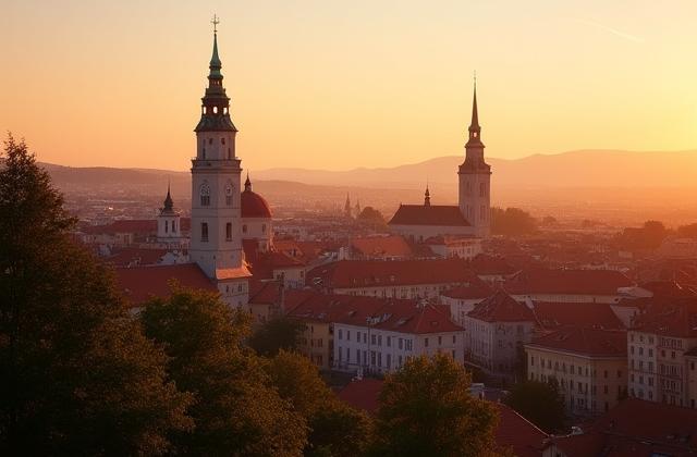 Ein malerischer Blick über die Stadt Graz mit dem Uhrturm bei Sonnenuntergang.